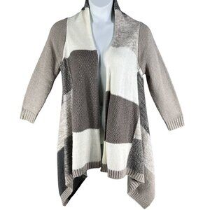 Chicos Womens M Patchwork Open Front Asym Cardigan Sweater Neutral Color Block